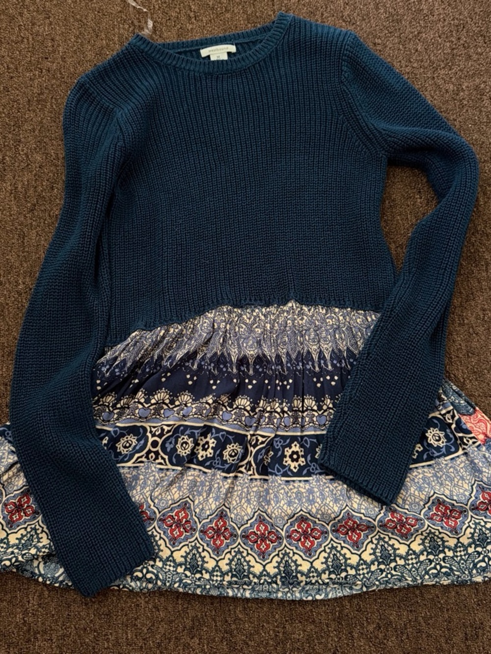 Westbound Navy Blue Mixed-Media Cowl Sweater Top